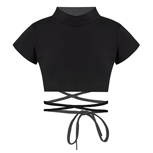 dPois Mädchen Sport Oberteil Crop Top Bauchfrei Kurzarm Shirts Ballett Tanz Fitness Turnen Bauchfrei Kinder Sportkleidung Streetwear Schwarz 140/10 Jahre von dPois