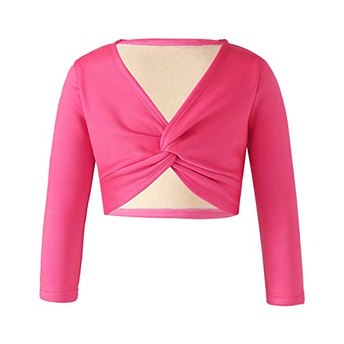 dPois Mädchen Sport T-Shirt Top Langarmshirt Crop Top Bauchfrei Gefüttert Oberteil Kurz mit Knote Sport Training Ballett Turnen Tanz Outfits Hot Pink 134-140/9-10 Jahre von dPois