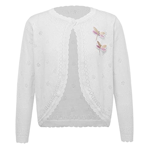 dPois Mädchen Strickjacke Cardigan Lange Oberteil Pullover Jacke mit EIN-Knopf Baumwolle Bolero Tops Rundhals Baby Kleinkind Kleidung Herbst Weiß_Libelle 122-128/7-8 Jahre von dPois