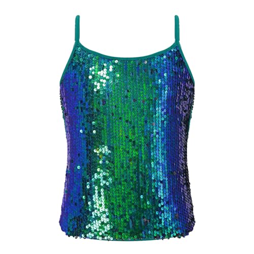 dPois Mädchen Tank Top Shirt Oberteil Glitzer Weste mit Verstellbaren Spaghettiträgern Kinder Bühne Performance Dancewear Grün 146-152 von dPois