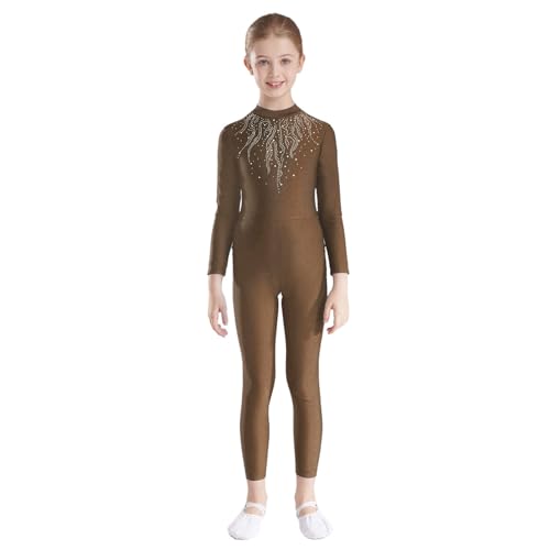dPois Mädchen Tanzbody Overall Langarm Jumpsuit Ganzkörper Anzug Turnanzug mit Glitzern Elasitsch Kinder Tanzkleidung Braun 122-128 von dPois