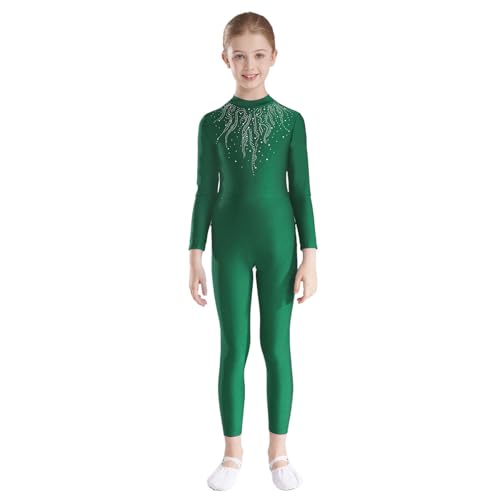 dPois Mädchen Tanzbody Overall Langarm Jumpsuit Ganzkörper Anzug Turnanzug mit Glitzern Elasitsch Kinder Tanzkleidung Grün 146-152 von dPois