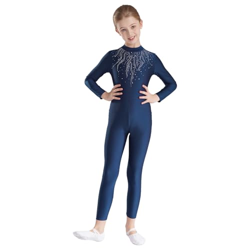 dPois Mädchen Tanzbody Overall Langarm Jumpsuit Ganzkörper Anzug Turnanzug mit Glitzern Elasitsch Kinder Tanzkleidung Navy blau 158-164 von dPois