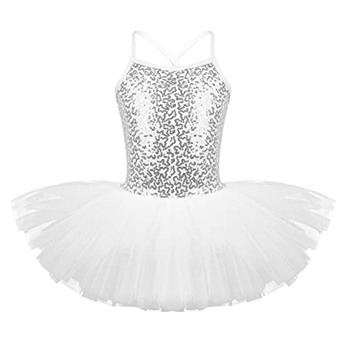 dPois Mädchen Tanzkleid Ballettanzug Ärmellos Pailletten Kleid Ballettkleid Turnanzug Ballett Trikot Girls Sequined Kleid mit Tüll Röckchen Gr.104-128 Weiß 116-122 von dPois
