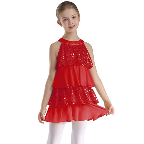 dPois Mädchen Tanzkleid Glitzer Lateinkleid Ärmellos Rumba Salsa Kleider Stufenkleid mit Rüschen Elegant Tanzanzug Standard Tanz Outfit Rot 170 von dPois
