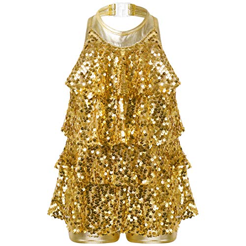 dPois Mädchen Tanzkleid Latein Salsa Kleid Neckholder Tanzanzug Kurz Pailletten Volantkleid Unitard mit Shorts Giltzernde Tanz Kostüm Bühne Auftritt Gold 170-176 von dPois