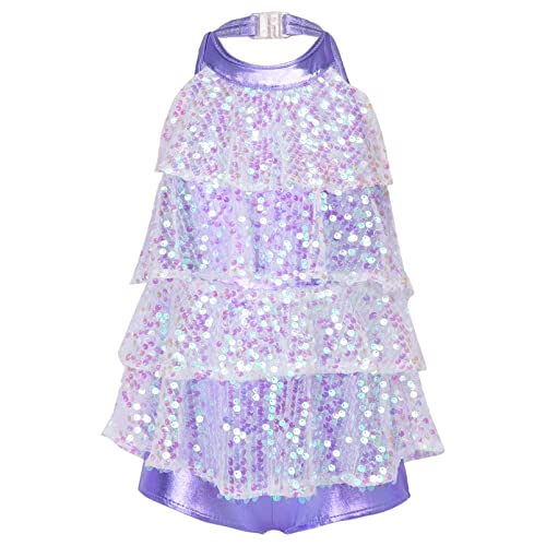 dPois Mädchen Tanzkleid Latein Salsa Kleid Neckholder Tanzanzug Kurz Pailletten Volantkleid Unitard mit Shorts Giltzernde Tanz Kostüm Bühne Auftritt Lavender 158-164 von dPois