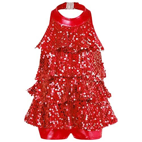 dPois Mädchen Tanzkleid Latein Salsa Kleid Neckholder Tanzanzug Kurz Pailletten Volantkleid Unitard mit Shorts Giltzernde Tanz Kostüm Bühne Auftritt Rot 134-140 von dPois