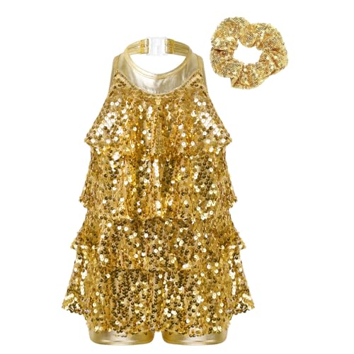 dPois Mädchen Tanzkleid Latein Salsa Kleid Neckholder Tanzanzug Pailletten Volantkleid Unitard Jumpsuit mit Shorts Giltzernde Tanz Bühne Auftritt Kostüm Gold mit Haargummi 110-116 von dPois