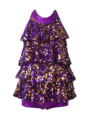 dPois Mädchen Tanzkleid Latein Salsa Kleid Neckholder Tanzanzug Kurz Pailletten Volantkleid Unitard mit Shorts Giltzernde Tanz Kostüm Bühne Auftritt Violett 134-140 von dPois