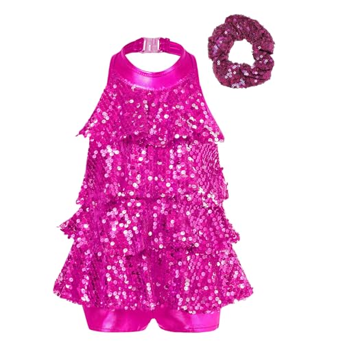 dPois Mädchen Tanzkleid Latein Salsa Kleid Neckholder Tanzanzug Pailletten Volantkleid Unitard Jumpsuit mit Shorts Haargummi Giltzernde Tanz Bühne Auftritt Kostüm Rose 134-140 von dPois