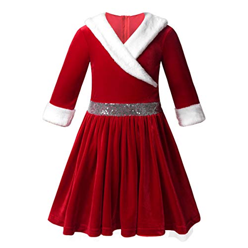 dPois Mädchen Weihnachtskleid Partykleid Weihnachtsmann Kostüm A-Linie aus Samt Langarm mit Kunstpelz Kragen Weihnachten Eiskunstlauf Kleid Party Performance Rot 152 von dPois