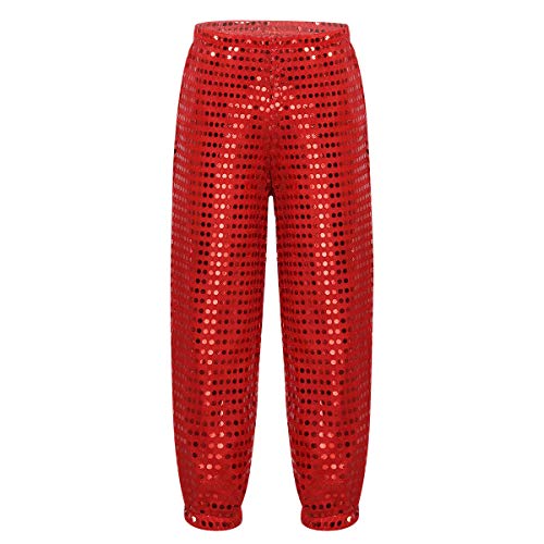 dPois Unisex Kinder Pailletten Hosen Glänzend Pants Panty mit Glitzer Mädchen/Jungen Sporthosen für Jazz Hip Hop Performance Tanz Gymnastik Short Tanzkostüm Rot 122-128/7-8 Jahre von dPois