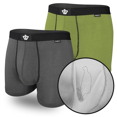 daBOIZ - 2er Pack Modal Boxershorts Herren mit Pouch (Beutel) kein Schwitzen, Kleben, Reiben - Unterhose Herren, Unterwäsche Männer Boxershort Herren, Farbe: 1x Grau und 1x Olive Größe: L von daBOIZ