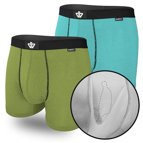 daBOIZ - 2er Pack Modal Boxershorts Herren mit Pouch (Beutel) kein Schwitzen, Kleben, Reiben - Unterhose Herren, Unterwäsche Männer Boxershort Herren, Farbe: 1x Olive und 1x Aqua Größe: L von daBOIZ