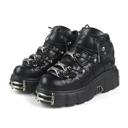 Damen High Heel Stiefel Leder Rock Schuhe Heavy Metal Gothic Plateaustiefel Punk Chunky Heel Schnürstiefeletten(42 EU) von dadouer