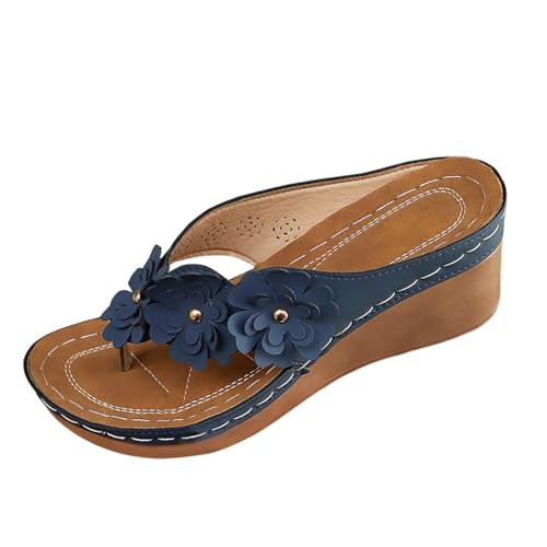 Plateau Sandalen Damen Keilabsatz Zehentrenner Flip Flops Bequeme Strandschuhe Blumen FußBett Pantoletten mit Absatz Elegant von dafeyuing