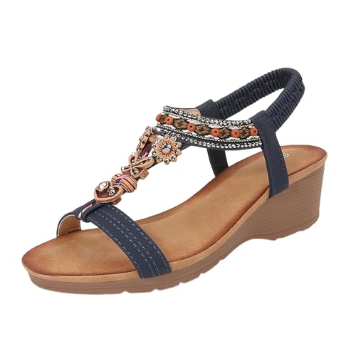 dafeyuing Boho Damen Sandalen Mit Plateau Absatz Bequeme T-Riemen Sandaletten Bohemia Sandals Mit Strass Elegant Keilabsatz Schuhe Strandsandalen Sommerschuhe Mit Weiche FußBett von dafeyuing