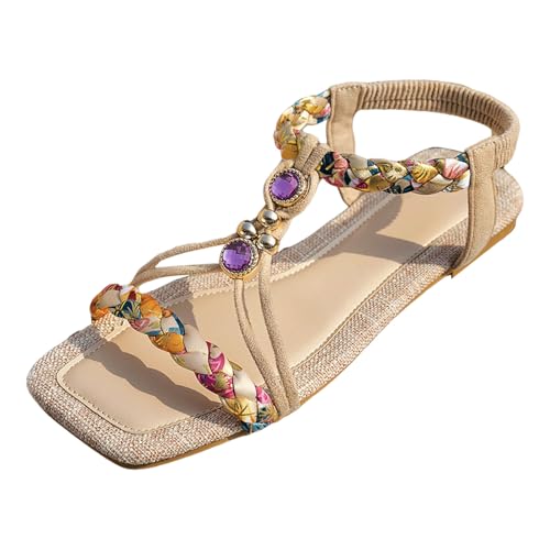 dafeyuing Boho Sandalen Damen Römersandalen Casual Sandaletten Damen Espadrilles Flach Sommer Quadratische Zehen Elegant Bohemia Sandals Mit Strass Freizeit Strand Schuhe von dafeyuing