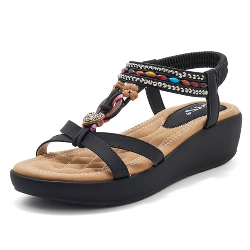 dafeyuing Glitzer Sandalen Damen Sommer Strass Perlen Keilsandalen Bequem Boho Slingback Sandaletten Strandschuhe Bohemia Plateau Wedges von dafeyuing