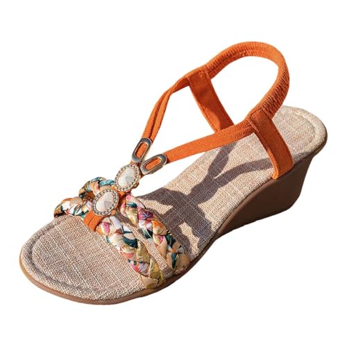 dafeyuing Plateau Sandalen Damen Sommer Espadrilles Freizeit Keilabsatz Sandaletten mit Strass Bohemia Offene Strandsandalen Casual Ankle Elastic Flip Flops Sommerschuhe Bequem von dafeyuing