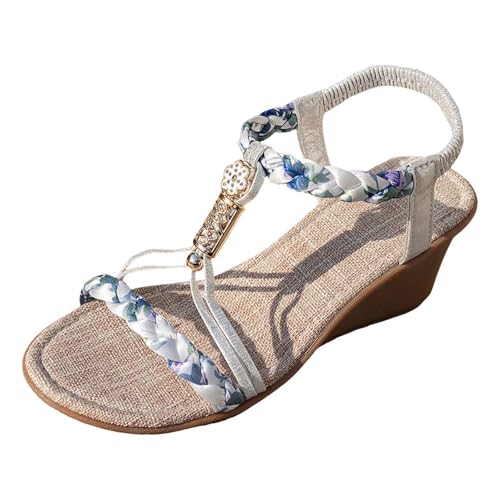 dafeyuing Plateau Sandalen Damen Sommer Espadrilles Freizeit Keilabsatz Sandaletten mit Strass Bohemia Offene Strandsandalen Casual Ankle Elastic Flip Flops Sommerschuhe Bequem von dafeyuing