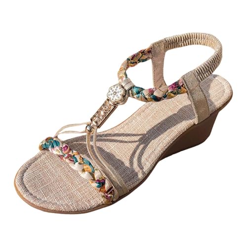 dafeyuing Plateau Sandalen Damen Sommer Espadrilles Freizeit Keilabsatz Sandaletten mit Strass Bohemia Offene Strandsandalen Casual Ankle Elastic Flip Flops Sommerschuhe Bequem von dafeyuing