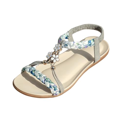 dafeyuing Sandalen Damen Sommer Glitzer Flach Sandaletten Elegant Offene Strandsandalen Casual Ankle Elastic Flip Flops Freizeit Sommerschuhe Bequem Bohemia Strass Sandals von dafeyuing