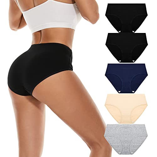 Damen Baumwolle Unterwäsche Mid Rise Full Coverage Weich Atmungsaktiv Stretchy Solid Brief Hipster Panties für Frauen (5er-Pack), 2 x Schwarz, Blau, Aprikose, Grau, XX-Large von dailyhao