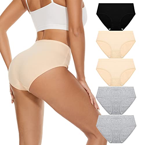 Damen Baumwolle Unterwäsche Mid Rise Full Coverage Weich Atmungsaktiv Stretchy Solid Brief Hipster Panties für Frauen (5er-Pack), Schwarz, 2 Aprikose, 2 Grau, X-Large von dailyhao