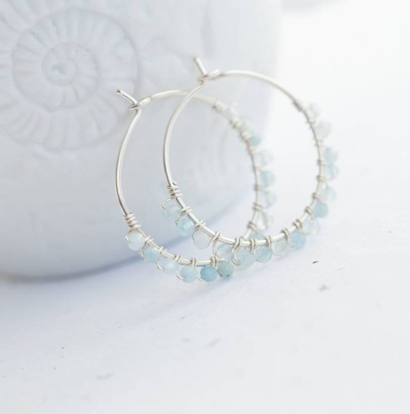 Aquamarine Hoop Ohrringe März Geburtsstein Argentium Sterling Silber Draht Gewickelt Hochzeit Brautmode von daimblond