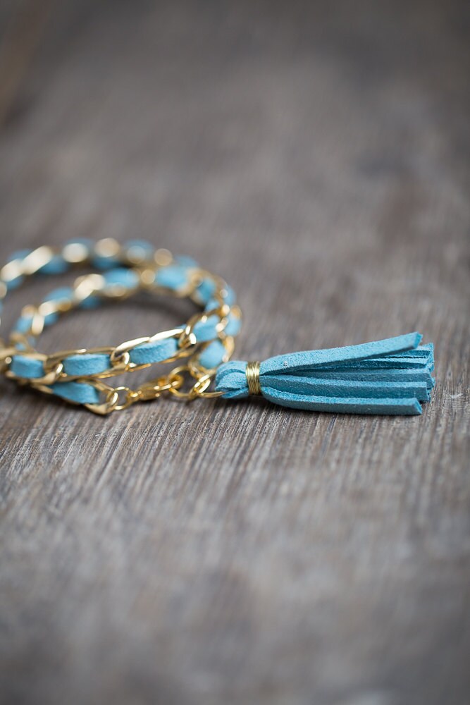 Doppel Wickeln Quaste Armband Gold Kette Mint Türkis von daimblond