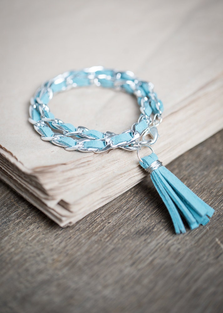 Doppel Wickeln Quaste Armband Silber Kette Mint Türkis Geflochten Wildleder Moderne Boho Schmuck von daimblond