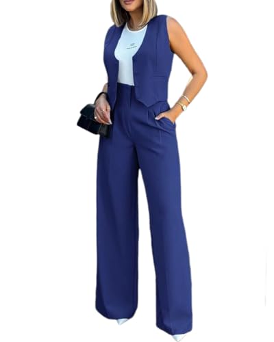 dalamirra Damen 2-teilige Hosenanzug Elegante V-Ausschnitt ärmellose Blazer Weste und Hose Business Anzug Breite Beine Formale Anzug Streetwear Mode 2-teilige Outfit Set von dalamirra