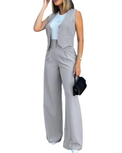 dalamirra Damen 2-teilige Hosenanzug Elegante V-Ausschnitt ärmellose Blazer Weste und Hose Business Anzug Breite Beine Formale Anzug Streetwear Mode 2-teilige Outfit Set von dalamirra
