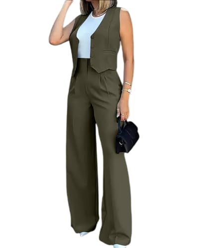 dalamirra Damen 2-teilige Hosenanzug Elegante V-Ausschnitt ärmellose Blazer Weste und Hose Business Anzug Breite Beine Formale Anzug Streetwear Mode 2-teilige Outfit Set von dalamirra