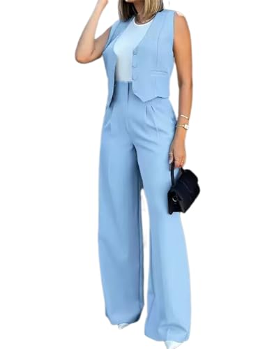 dalamirra Damen 2-teilige Hosenanzug Elegante V-Ausschnitt ärmellose Blazer Weste und Hose Business Anzug Breite Beine Formale Anzug Streetwear Mode 2-teilige Outfit Set von dalamirra