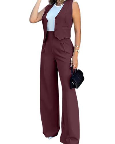 dalamirra Damen 2-teilige Hosenanzug Elegante V-Ausschnitt ärmellose Blazer Weste und Hose Business Anzug Breite Beine Formale Anzug Streetwear Mode 2-teilige Outfit Set von dalamirra