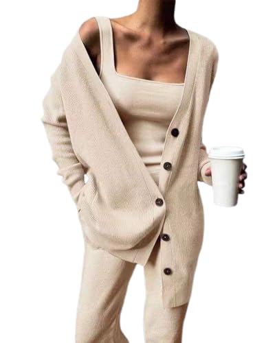 dalamirra Damen 3-teilig Strickanzug Mode 3-teilig Tank Top und Cardigan und Hosen Elegante Freizeit Anzug Casual Sport Anzug Trainingsanzug von dalamirra