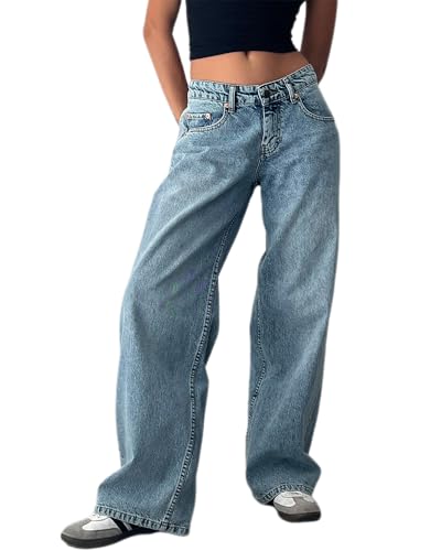 dalamirra Damen Baggy Jeans Y2K Low Waist Jeanshose Lose Gerade Jeans mit Weitem Bein Baggy Boyfriend Denim Hose Streetwear Lässige Jeanshose mit Taschen von dalamirra