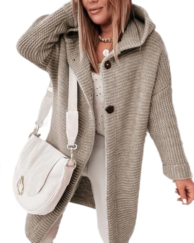 dalamirra Damen Cardigan Chunky Strickjacke mit Kapuze Winter Cardigan mit Knöpfen Lose Lange Ärmel Outwear Strickpullover Lange Pullover Warme Stricktops von dalamirra