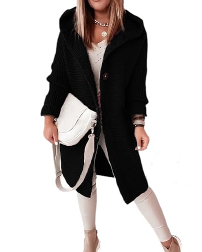 dalamirra Damen Cardigan Chunky Strickjacke mit Kapuze Winter Cardigan mit Knöpfen Lose Lange Ärmel Outwear Strickpullover Lange Pullover Warme Stricktops von dalamirra