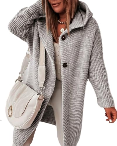dalamirra Damen Cardigan Chunky Strickjacke mit Kapuze Winter Cardigan mit Knöpfen Lose Lange Ärmel Outwear Strickpullover Lange Pullover Warme Stricktops von dalamirra