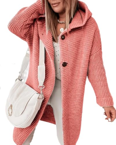dalamirra Damen Cardigan Chunky Strickjacke mit Kapuze Winter Cardigan mit Knöpfen Lose Lange Ärmel Outwear Strickpullover Lange Pullover Warme Stricktops von dalamirra