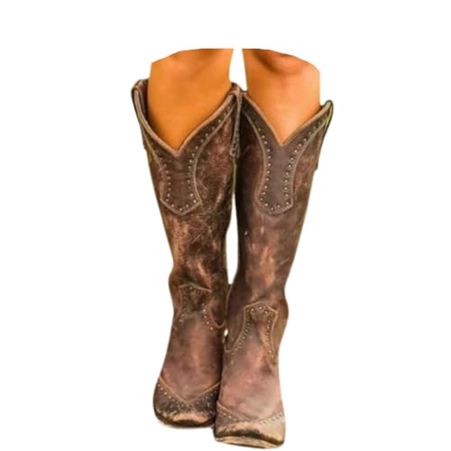 dalamirra Damen Cowboy Lange Welle Retro Reißverschluss Knöchelschuhe Block Absatz Winter Herbst Übergang Mid-Height Western Stiefel von dalamirra