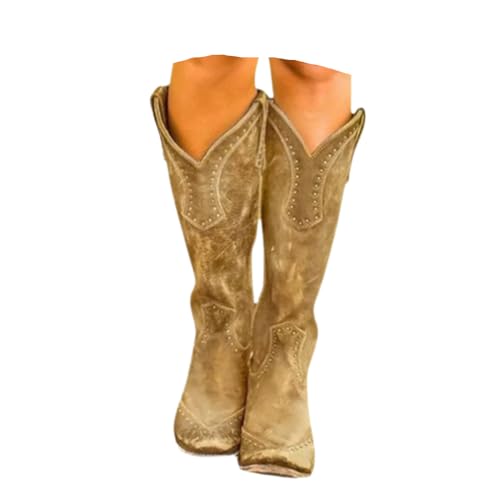 dalamirra Damen Cowboy Lange Welle Retro Reißverschluss Knöchelschuhe Block Absatz Winter Herbst Übergang Mid-Height Western Stiefel von dalamirra