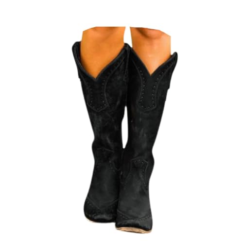 dalamirra Damen Cowboy Lange Welle Retro Reißverschluss Knöchelschuhe Block Absatz Winter Herbst Übergang Mid-Height Western Stiefel von dalamirra