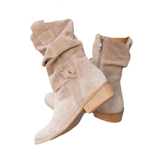 dalamirra Damen Elegante Wildleder Spitze Slip-On Schuhe mit Schnalle Halbhöhe Bequeme Absatz Stiefeletten von dalamirra
