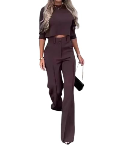 dalamirra Damen Elegante Zweiteilige Outfit Hosenanzug Frühling Sommer Freizeit Anzug 3/4 Ärmel Top und hohe Taille Hosen Rundhalsausschnitt Plain Loungewear Streetwear 2-teilige Outfits Set von dalamirra