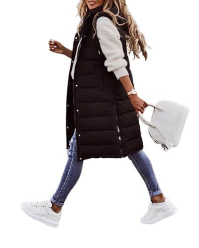 dalamirra Damen Herbst und Winter Outdoor Casual Daunenjacke Daunenweste lange Weste ärmellose warme Steppweste dicker schmaler Reißverschluss mit Tasche einfarbige Freizeitjacke von dalamirra